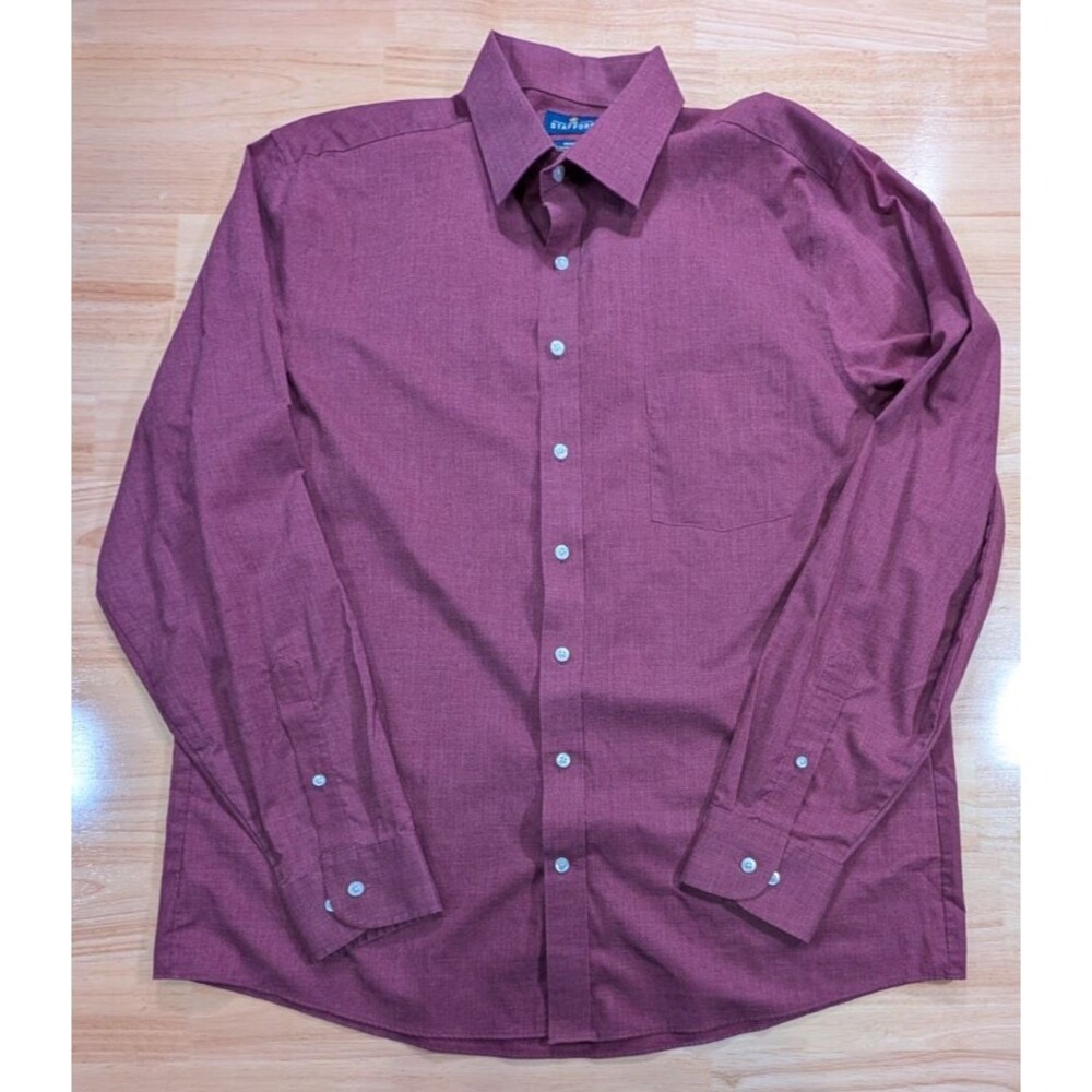 Stafford Travel Dress Shirt Mens XL 17 36/37 Regular Fit Easy Care Maroon Red